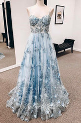 Blue Straps Sweetheart A-Line Floral Appliques Prom Dress, Long Formal Gown